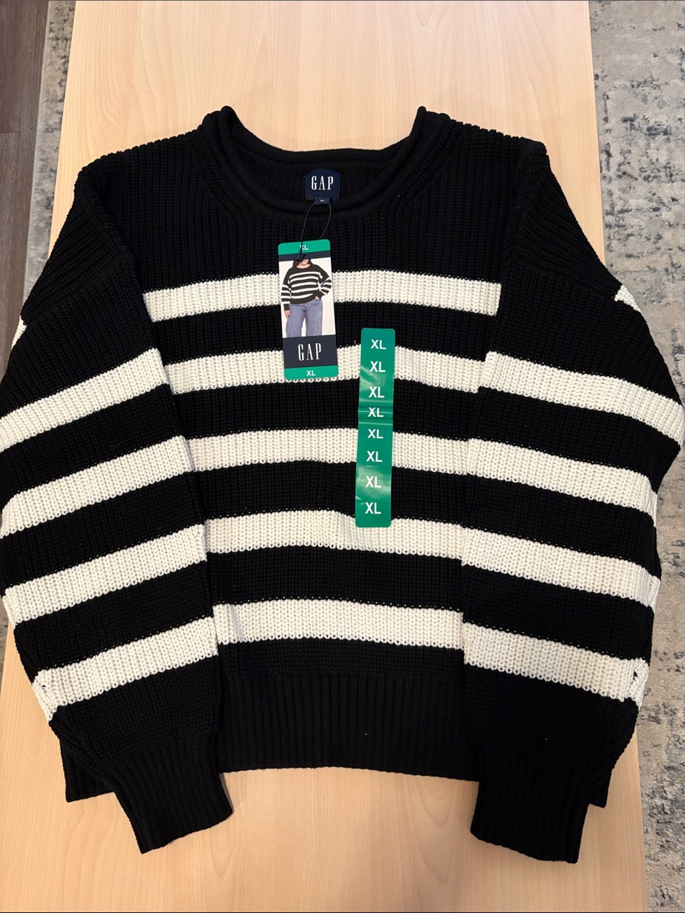 NWT Women's Gap Roll Neck Textured Shaker Stitch Sweater XL Black White Stripe